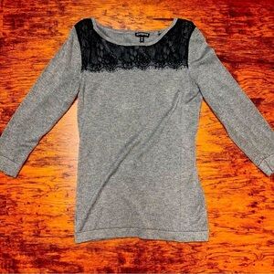 Express 3/4 Sleeve Gray Sweater Bandau Neck with Black Lace Detail, Size Small